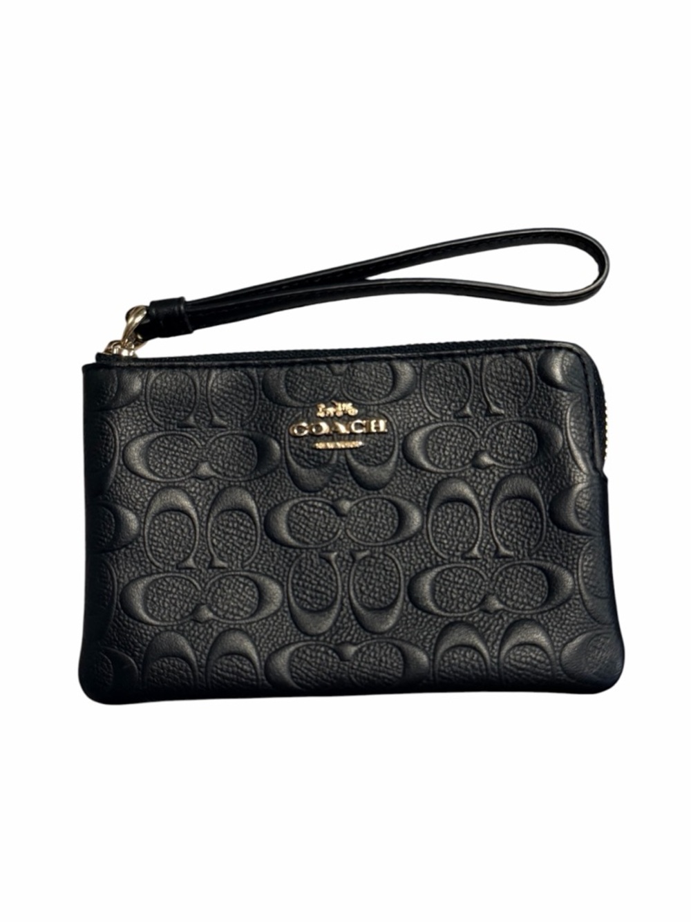 Coach Corner Zip Wristlet in Signature Debossed Leather Black/Gold